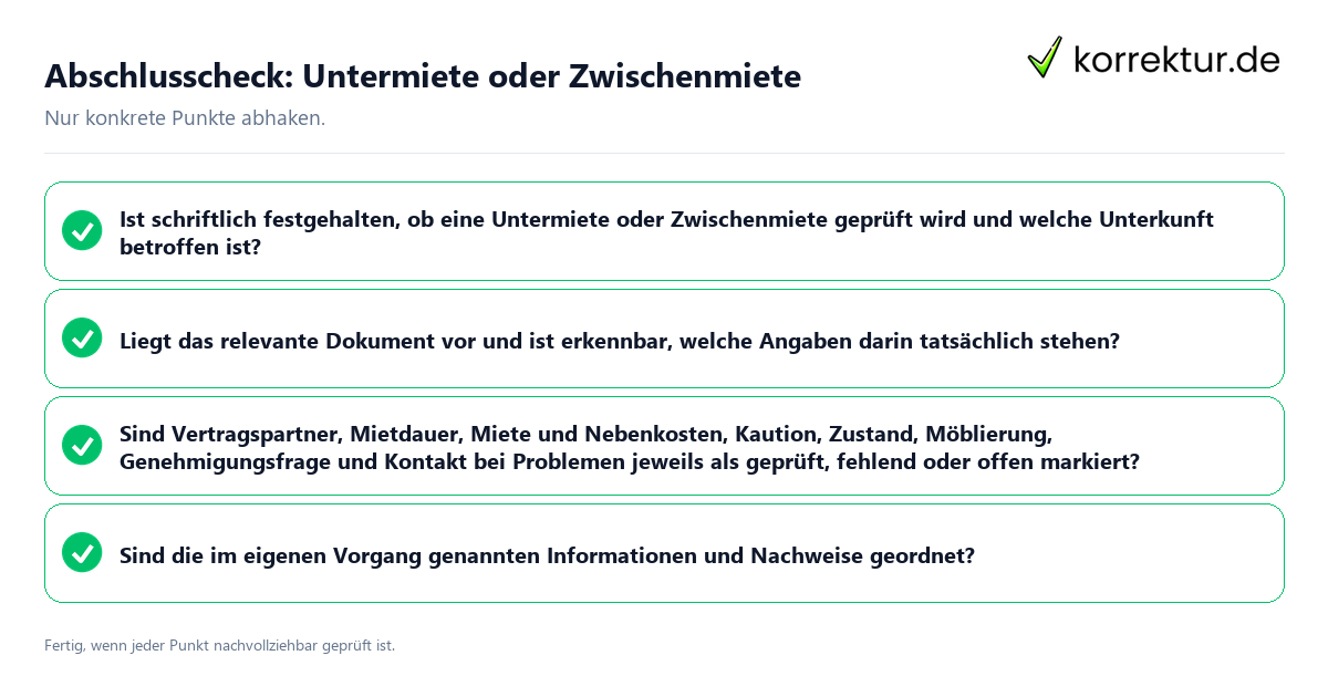 Abschlusscheck: Untermiete oder Zwischenmiete Konkreter Abschlusscheck zu Untermiete oder Zwischenmiete