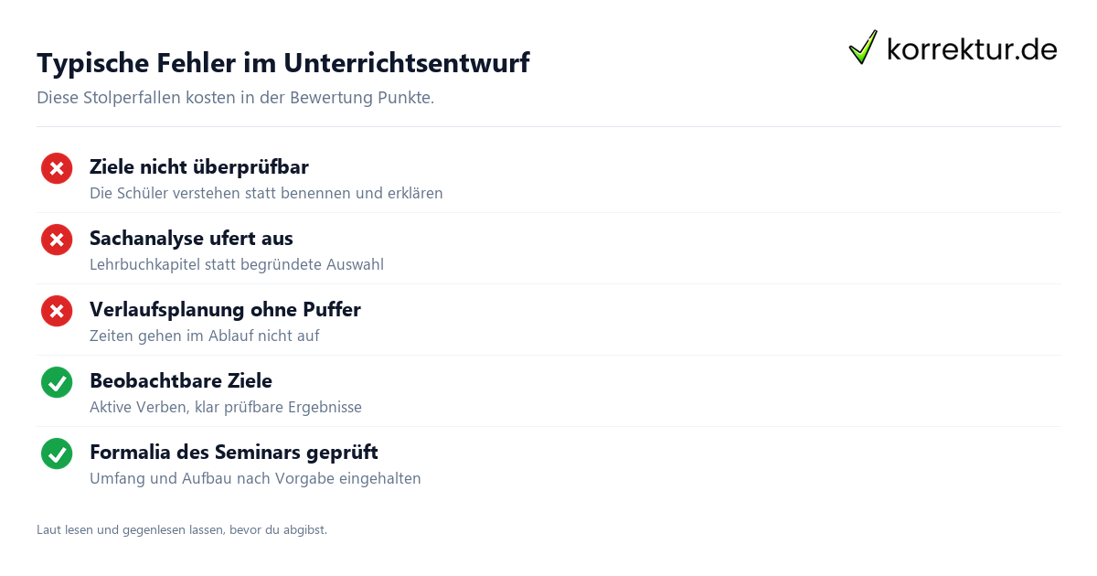 Unterrichtsentwurf typische Fehler und Qualitätskriterien für die Lehrprobe