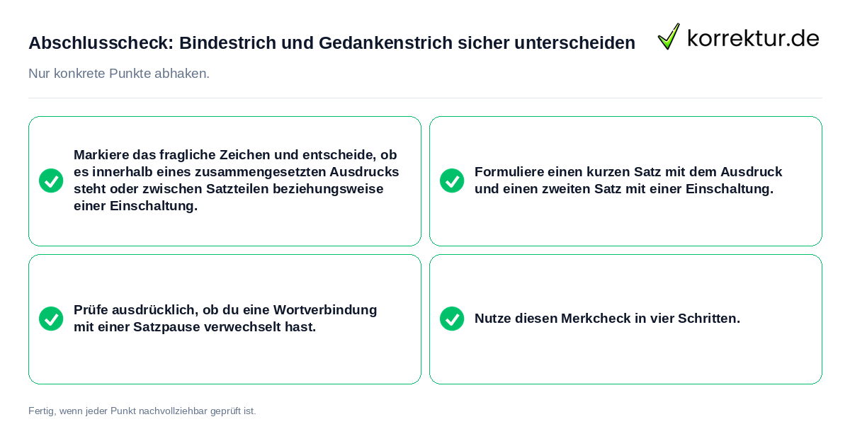 Konkreter Abschlusscheck zu Bindestrich und Gedankenstrich sicher unterscheiden