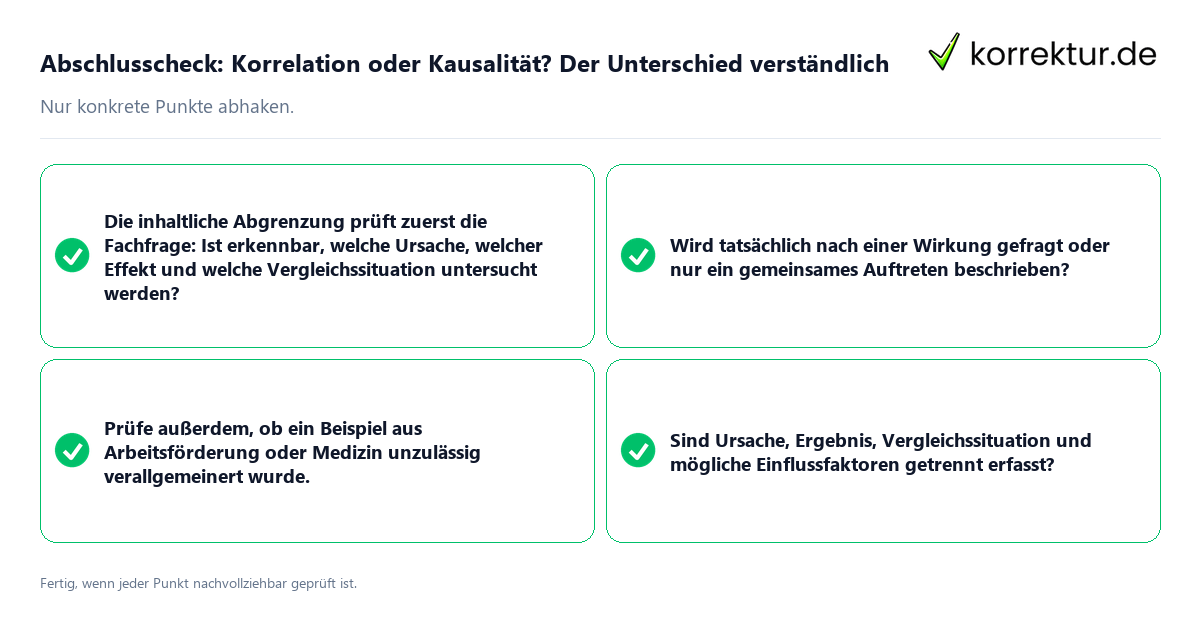 Konkreter Abschlusscheck zu Korrelation oder Kausalität? Der Unterschied verständlich