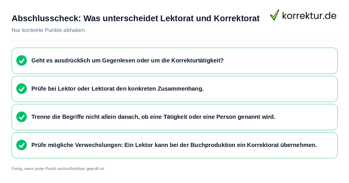 Konkreter Abschlusscheck zu Was unterscheidet Lektorat und Korrektorat