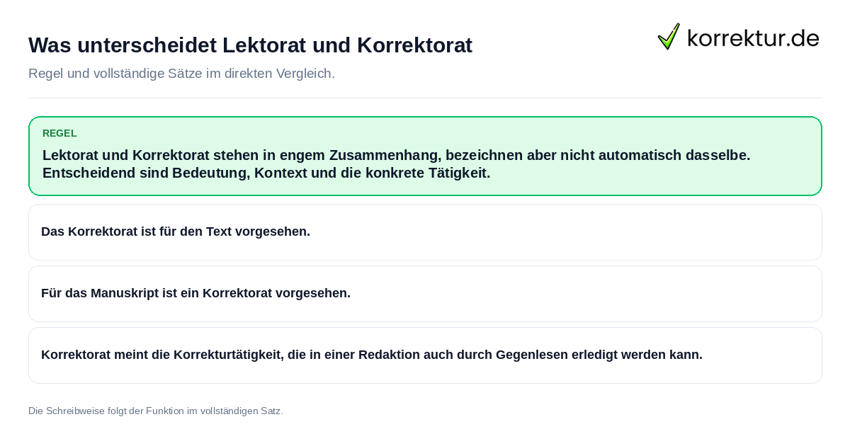 Konkrete Regel und vollständige Beispielsätze zu Was unterscheidet Lektorat und Korrektorat