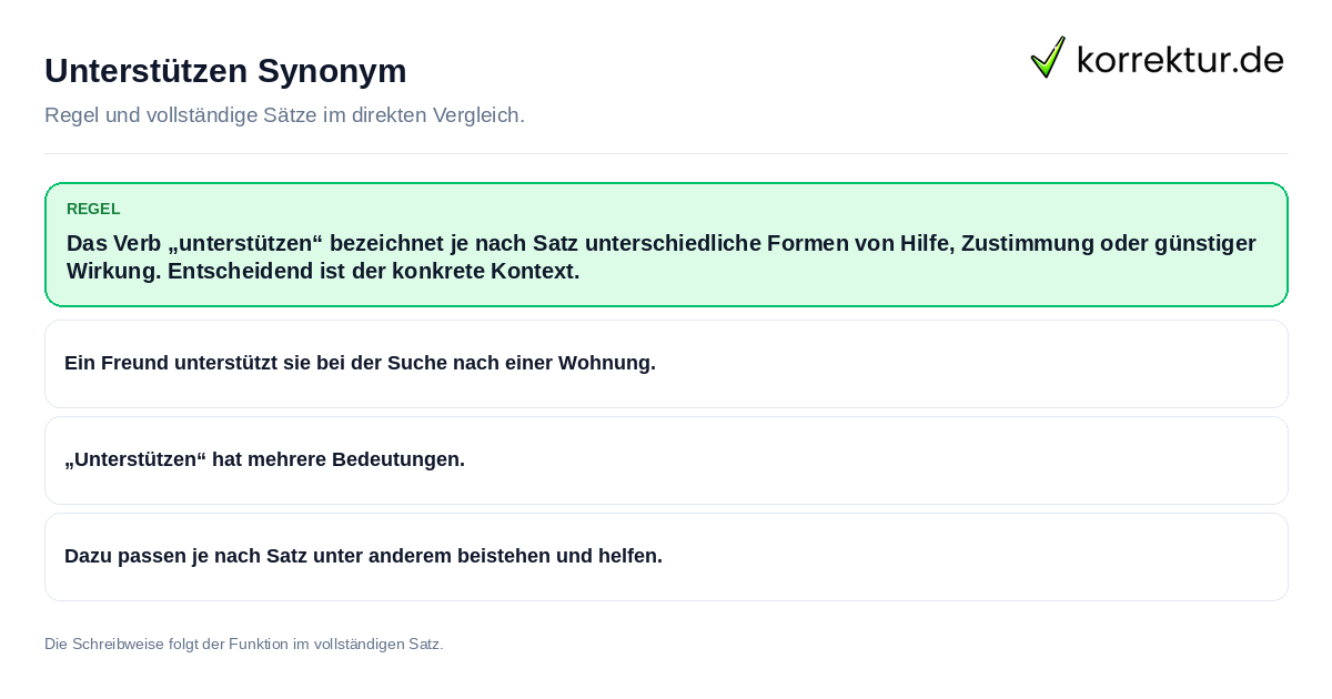 Konkrete Regel und vollständige Beispielsätze zu Unterstützen Synonym