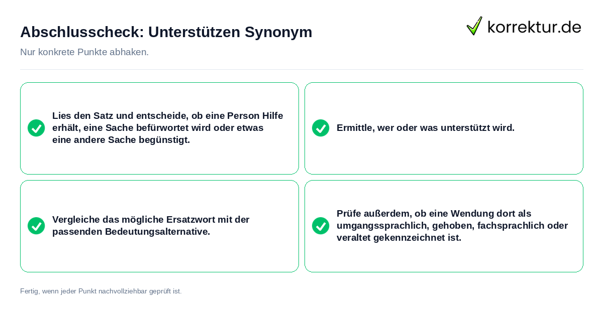 Konkreter Abschlusscheck zu Unterstützen Synonym