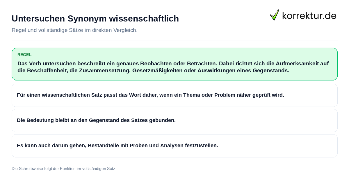 Untersuchen Synonym wissenschaftlich Konkrete Regel und vollständige Beispielsätze zu Untersuchen Synonym wissenschaftlich