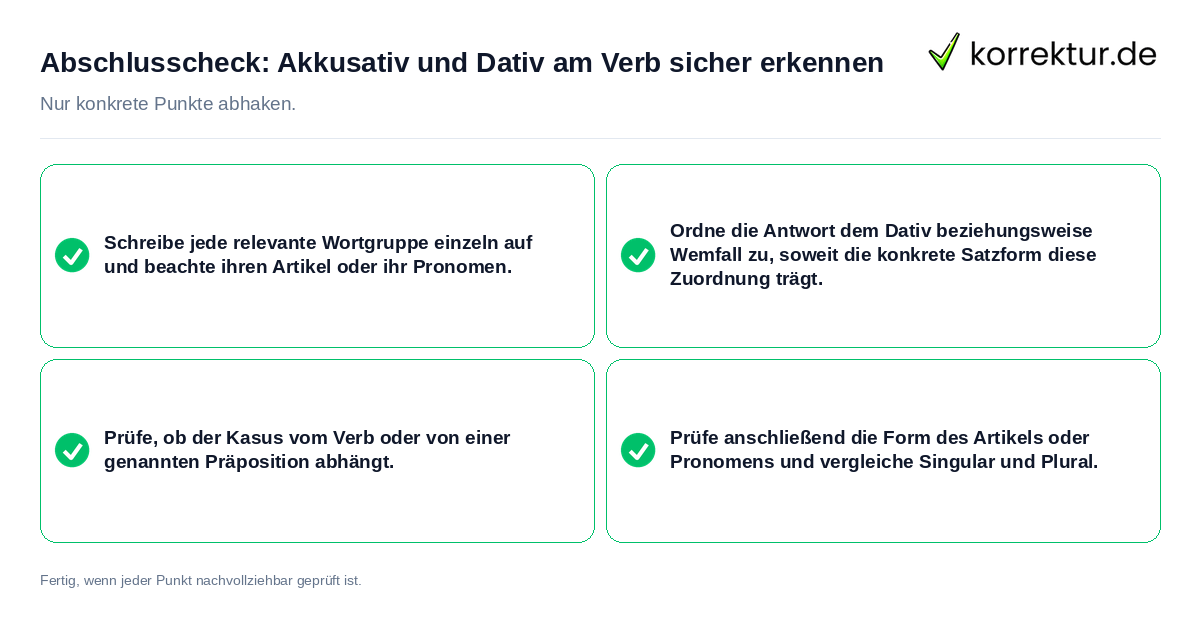 Abschlusscheck: Akkusativ und Dativ am Verb sicher erkennen Konkreter Abschlusscheck zu Akkusativ und Dativ am Verb sicher erkennen