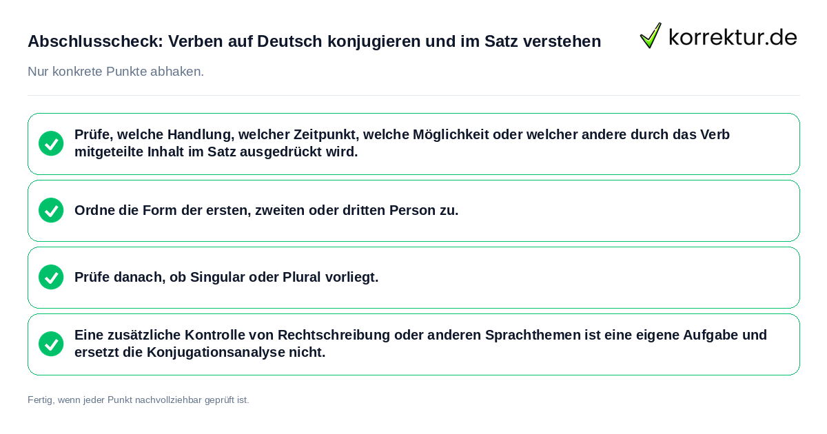 Konkreter Abschlusscheck zu Verben auf Deutsch konjugieren und im Satz verstehen