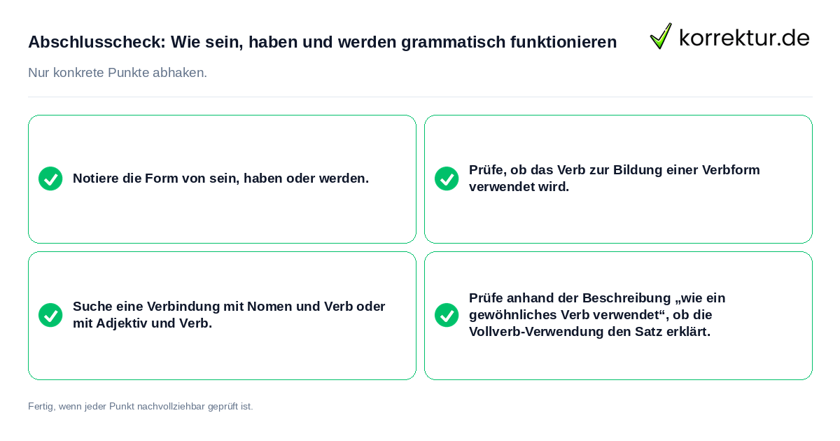 Abschlusscheck: Wie sein, haben und werden grammatisch funktionieren Konkreter Abschlusscheck zu Wie sein, haben und werden grammatisch funktionieren