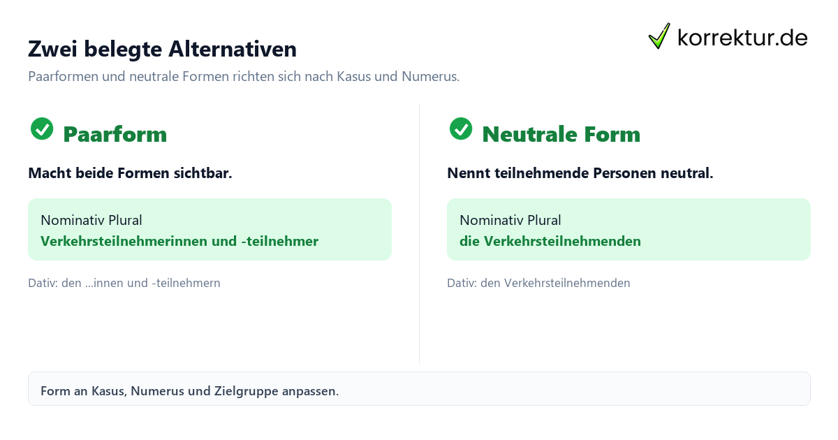 Verkehrsteilnehmer gendergerecht und korrekt verwenden: Paarform und neutrale Form