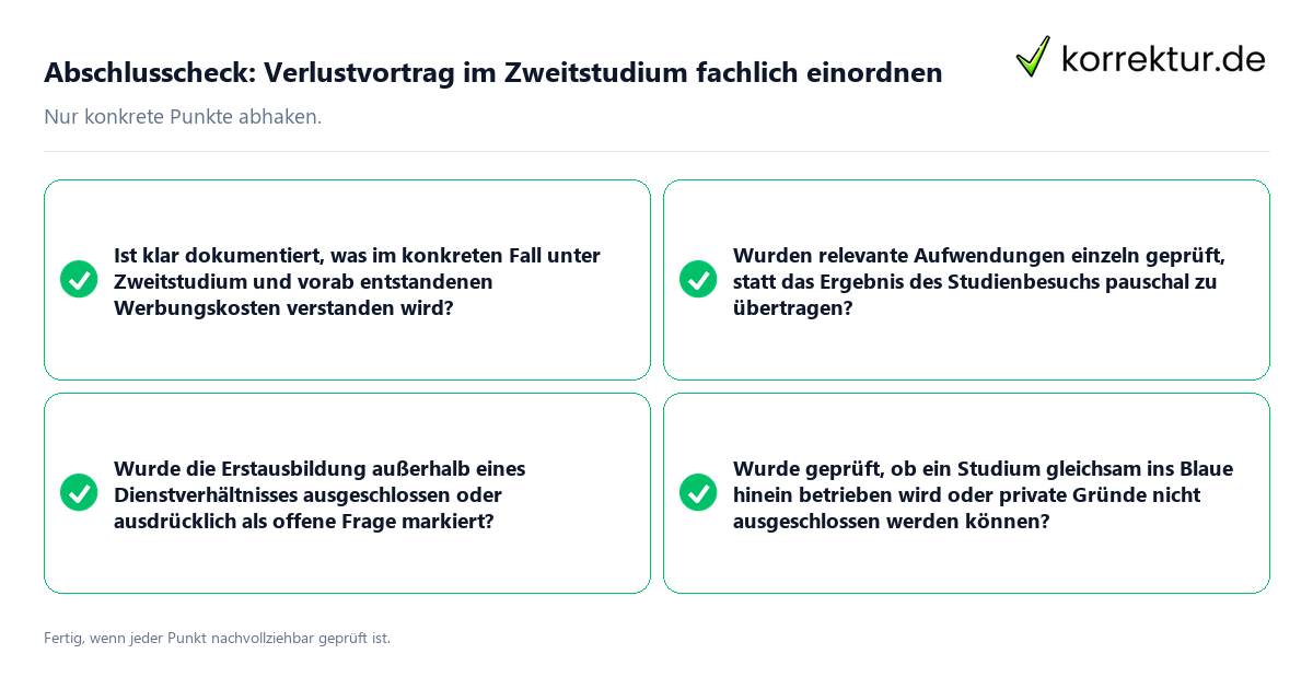 Abschlusscheck: Verlustvortrag im Zweitstudium fachlich einordnen Konkreter Abschlusscheck zu Verlustvortrag im Zweitstudium fachlich einordnen