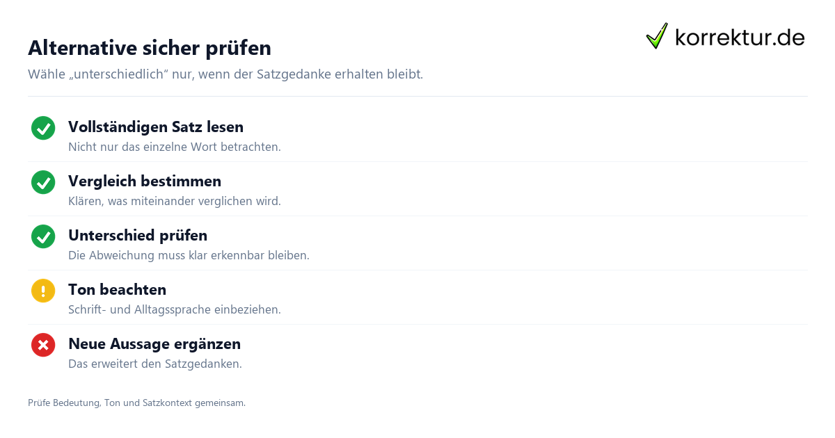 Alternative sicher prüfen Checkliste: Synonyme für „verschieden“ sicher auswählen