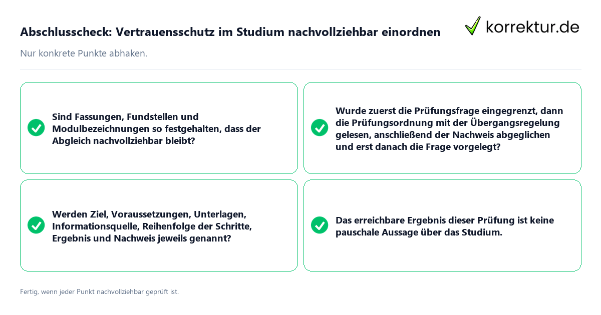 Abschlusscheck: Vertrauensschutz im Studium nachvollziehbar einordnen Konkreter Abschlusscheck zu Vertrauensschutz im Studium nachvollziehbar einordnen