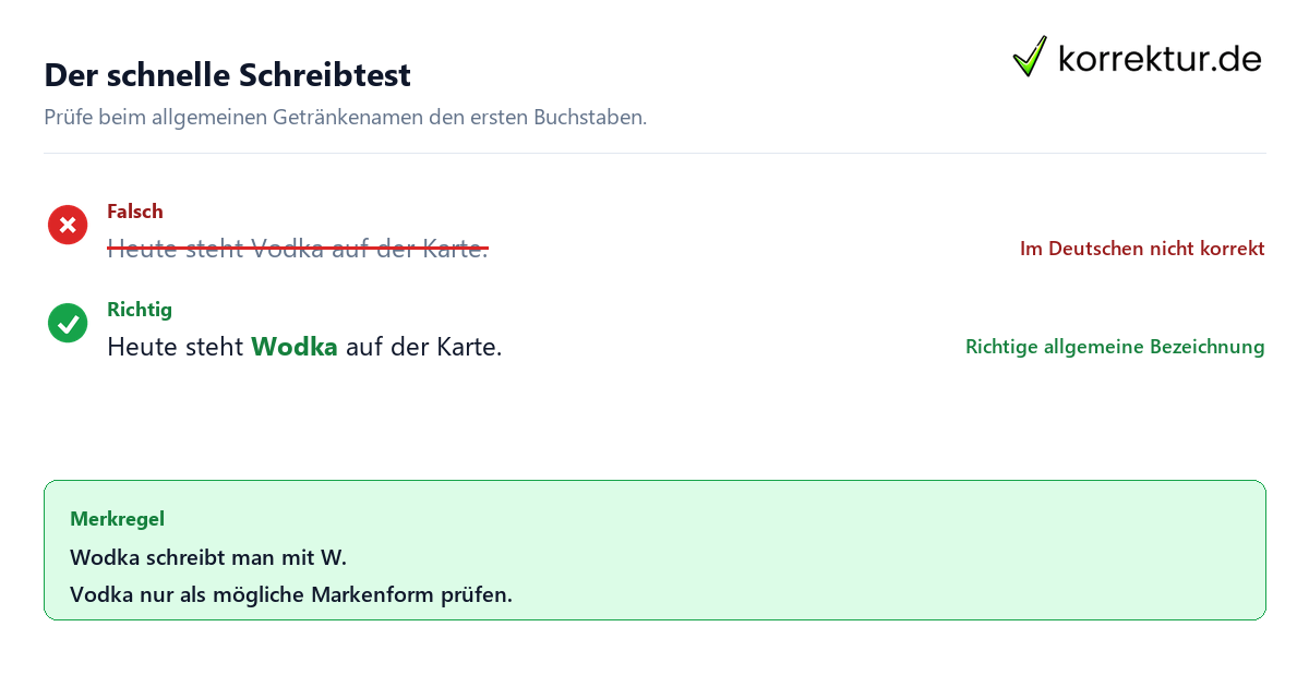 Der schnelle Schreibtest Vodka oder Wodka: So schreibt man es richtig, Satzbeispiel