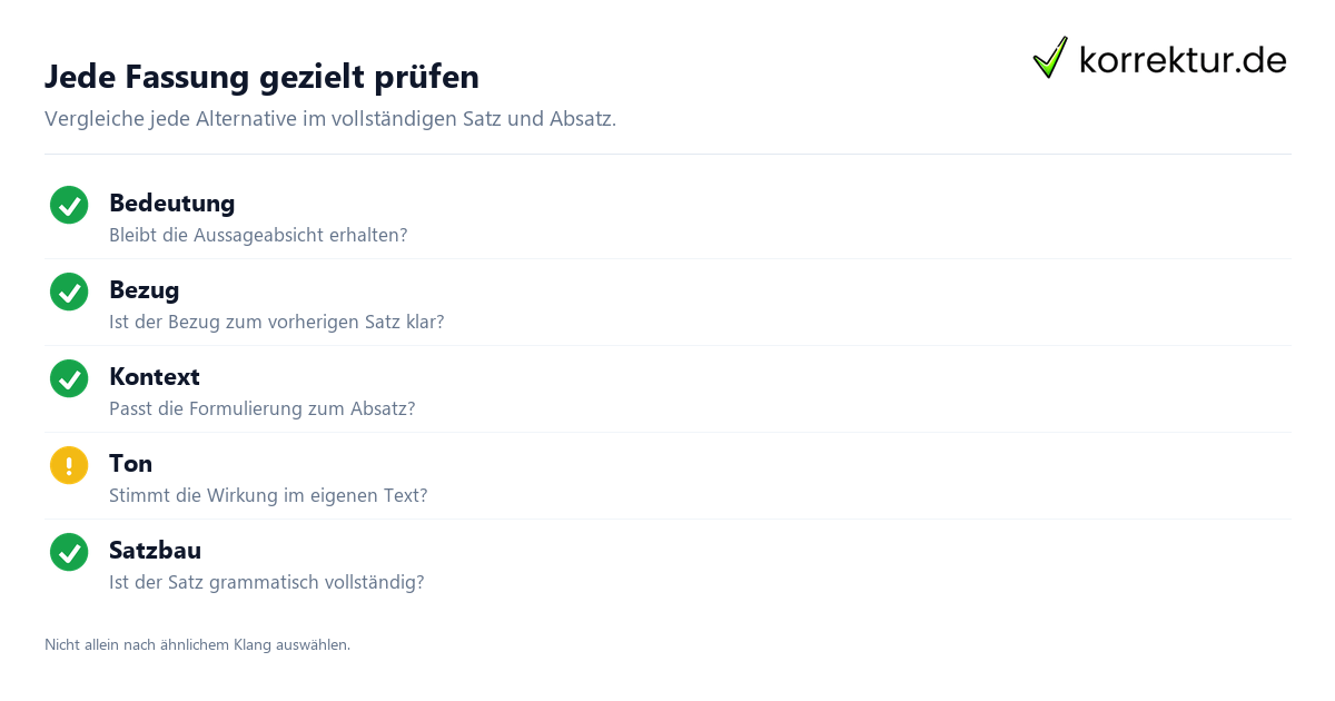 Synonyme für „vor diesem Hintergrund“ sicher auswählen, Kriterien prüfen