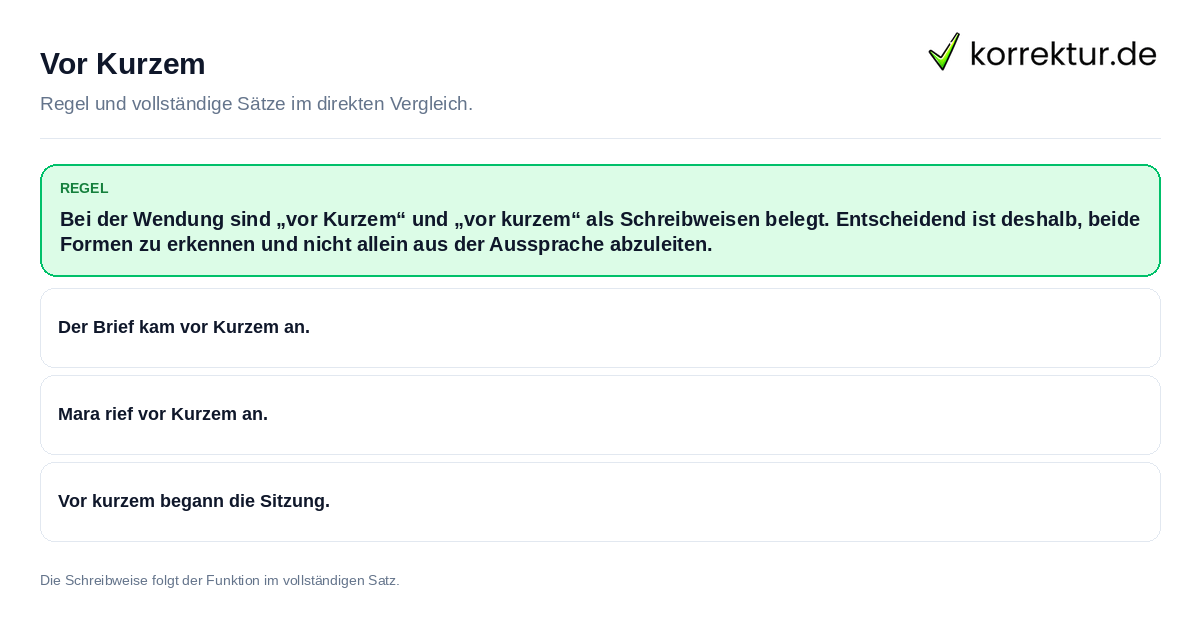 Konkrete Regel und vollständige Beispielsätze zu Vor Kurzem