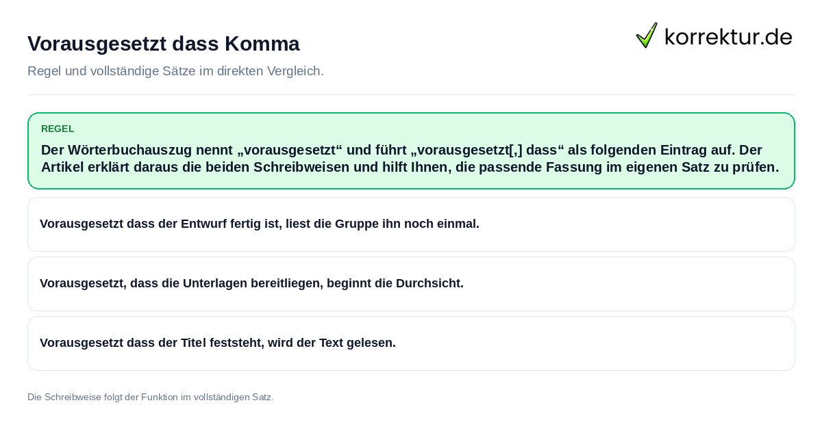 Konkrete Regel und vollständige Beispielsätze zu Vorausgesetzt dass Komma