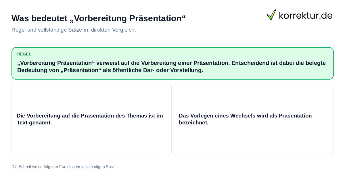 Was bedeutet „Vorbereitung Präsentation“ Konkrete Regel und vollständige Beispielsätze zu Was bedeutet „Vorbereitung Präsentation“
