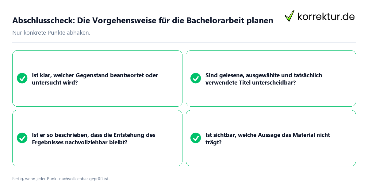 Abschlusscheck: Die Vorgehensweise für die Bachelorarbeit planen Konkreter Abschlusscheck zu Die Vorgehensweise für die Bachelorarbeit planen