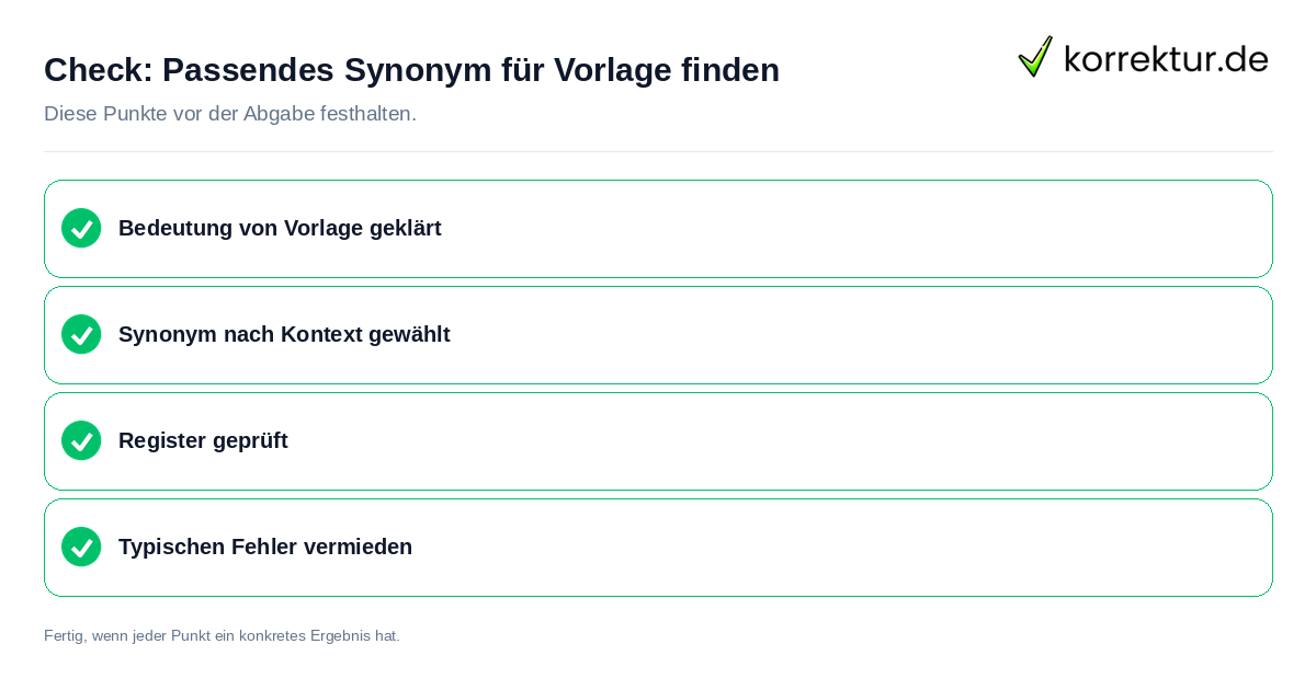 Passendes Synonym für Vorlage finden: Prüfliste mit vier Punkten