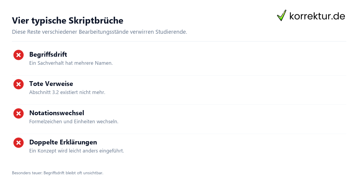 Vier typische Skriptbrüche Vorlesungsskript erstellen und über Semester pflegen, typische Brüche erkennen