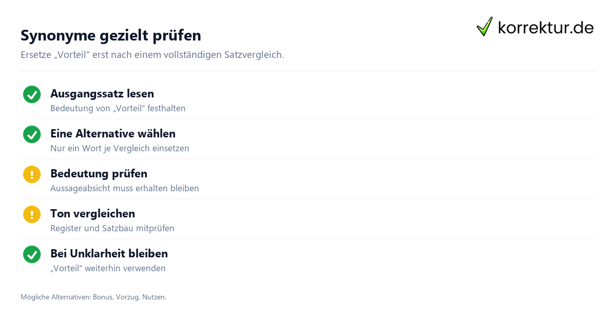 Synonyme gezielt prüfen Synonyme für Vorteile nach Kontext auswählen: Prüfkriterien
