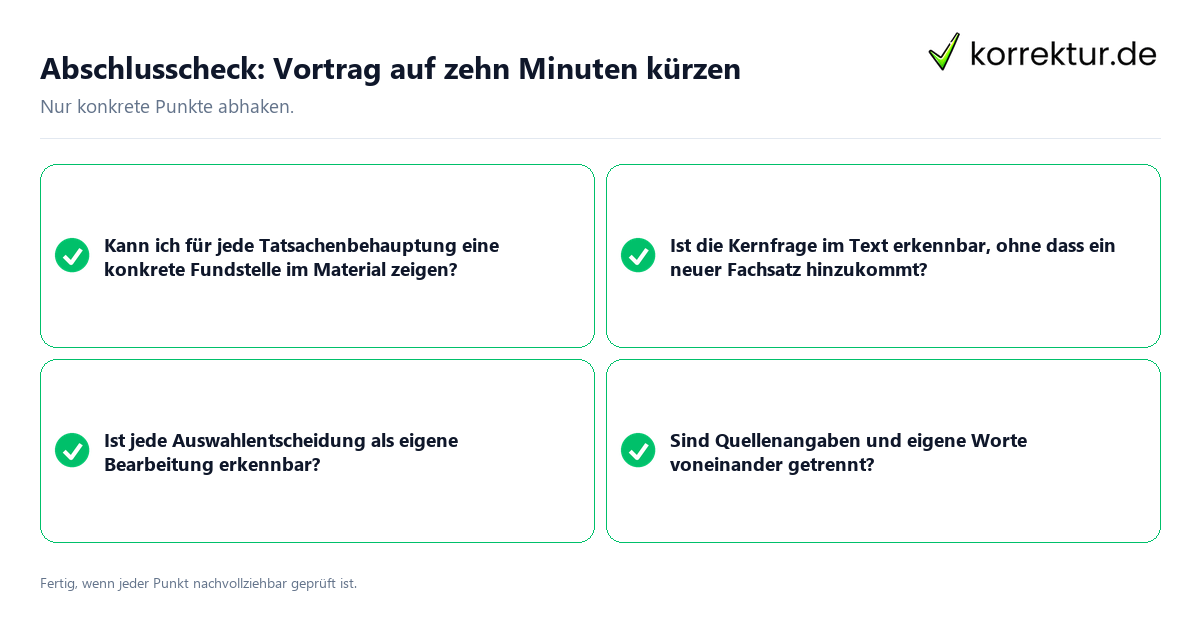 Konkreter Abschlusscheck zu Vortrag auf zehn Minuten kürzen