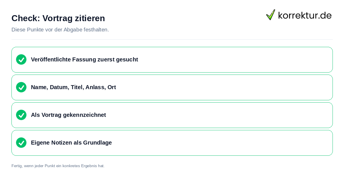 Vortrag zitieren: Prüfliste mit vier Punkten