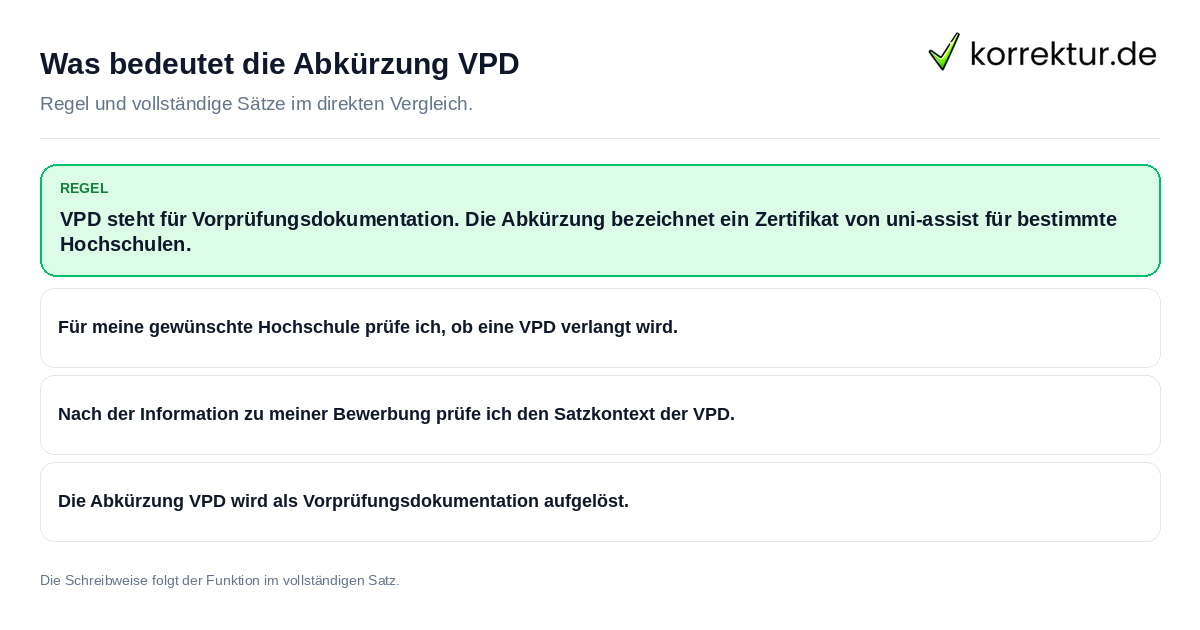 Konkrete Regel und vollständige Beispielsätze zu Was bedeutet die Abkürzung VPD