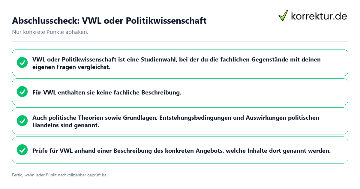 Konkreter Abschlusscheck zu VWL oder Politikwissenschaft