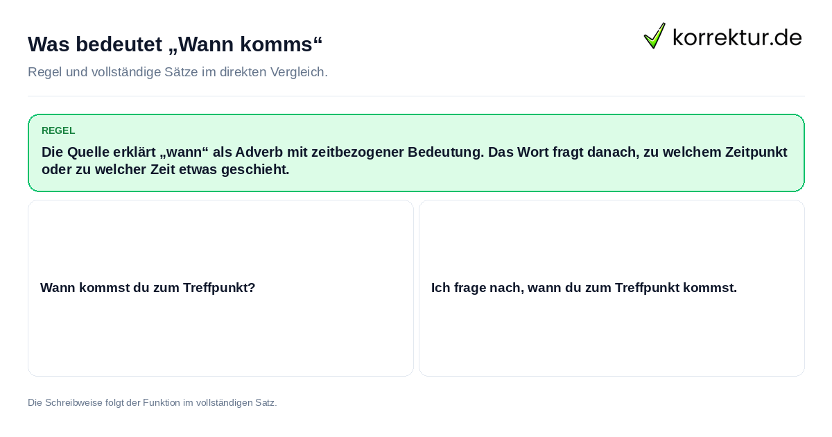 Konkrete Regel und vollständige Beispielsätze zu Was bedeutet „Wann komms“