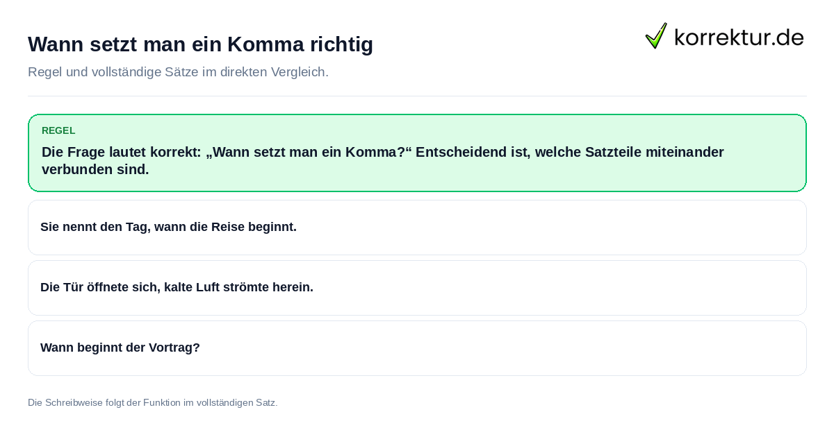 Konkrete Regel und vollständige Beispielsätze zu Wann setzt man ein Komma richtig