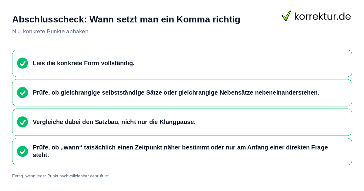 Konkreter Abschlusscheck zu Wann setzt man ein Komma richtig