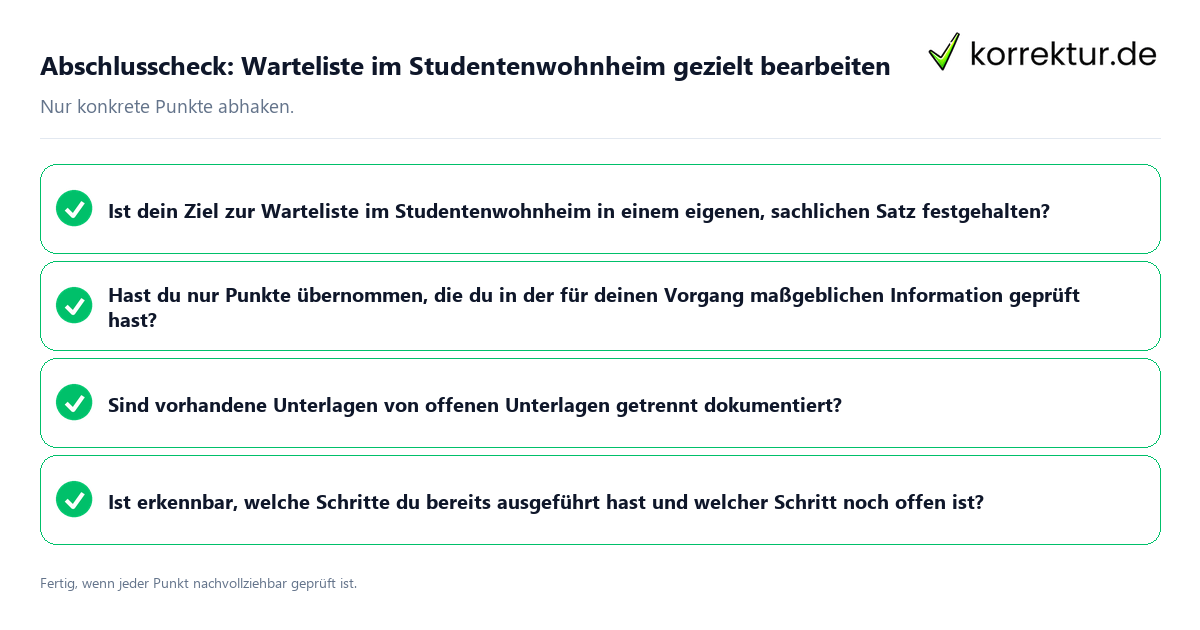 Abschlusscheck: Warteliste im Studentenwohnheim gezielt bearbeiten Konkreter Abschlusscheck zu Warteliste im Studentenwohnheim gezielt bearbeiten