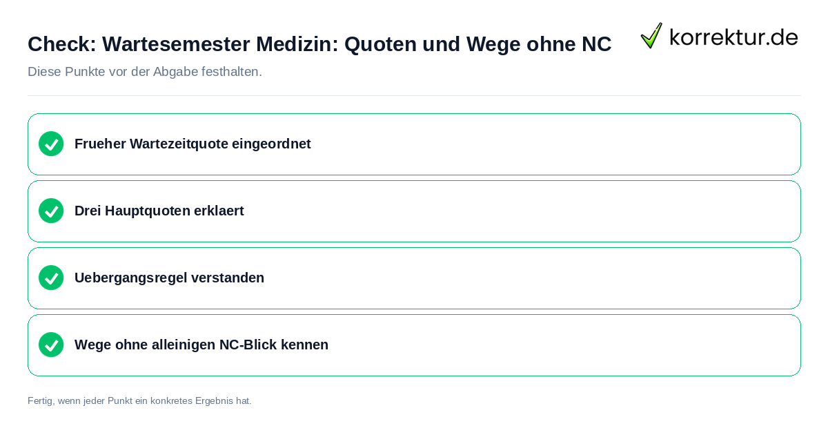 Check: Wartesemester Medizin: Quoten und Wege ohne NC Wartesemester Medizin: Quoten und Wege ohne NC: Prüfliste mit vier Punkten