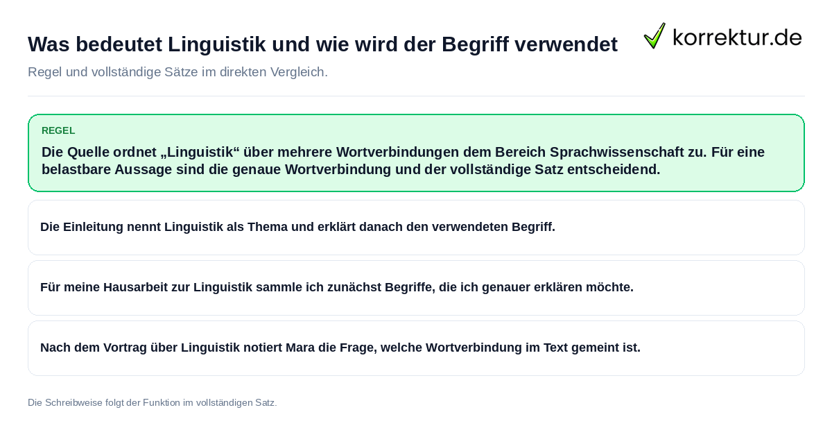 Konkrete Regel und vollständige Beispielsätze zu Was bedeutet Linguistik und wie wird der Begriff