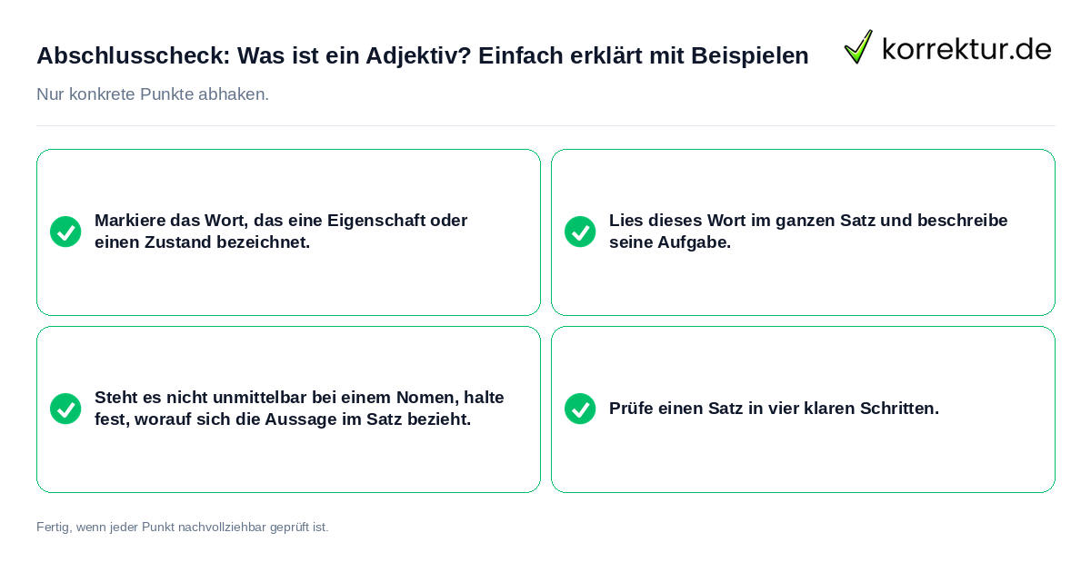 Konkreter Abschlusscheck zu Was ist ein Adjektiv? Einfach erklärt mit Beispielen