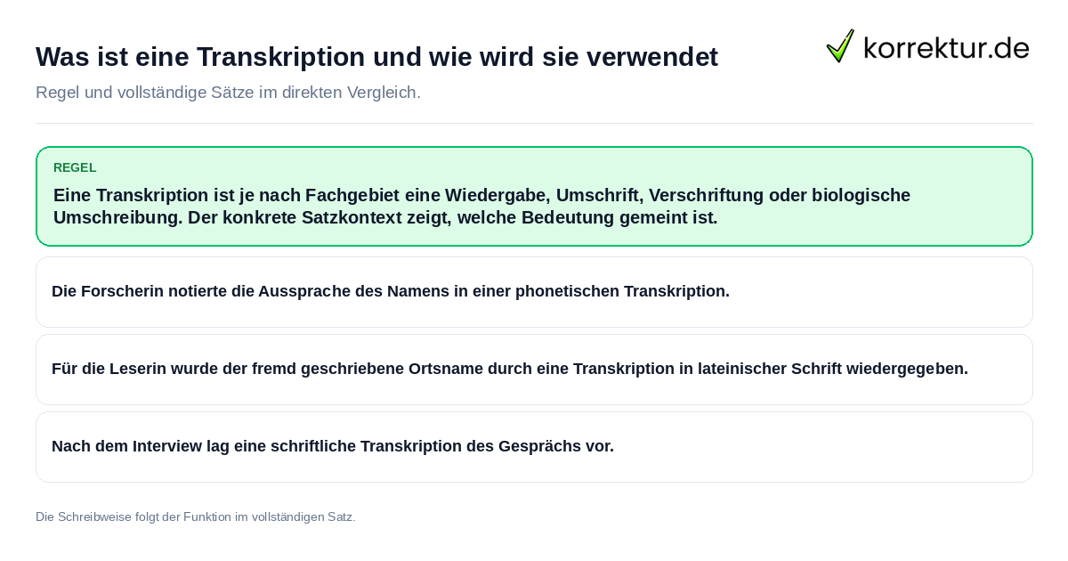Konkrete Regel und vollständige Beispielsätze zu Was ist eine Transkription und wie wird sie