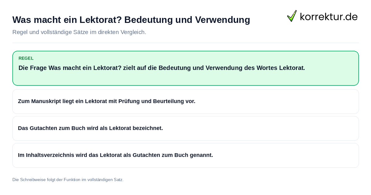 Was macht ein Lektorat? Bedeutung und Verwendung Konkrete Regel und vollständige Beispielsätze zu Was macht ein Lektorat? Bedeutung und Verwendung