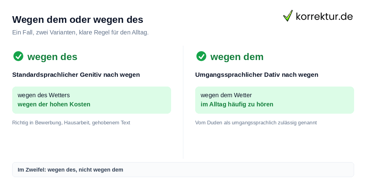 Wegen dem oder wegen des Wegen dem oder wegen des: Genitiv ist die Standardform
