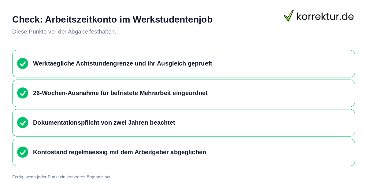 Check: Arbeitszeitkonto im Werkstudentenjob Arbeitszeitkonto im Werkstudentenjob: Prüfliste mit vier Punkten