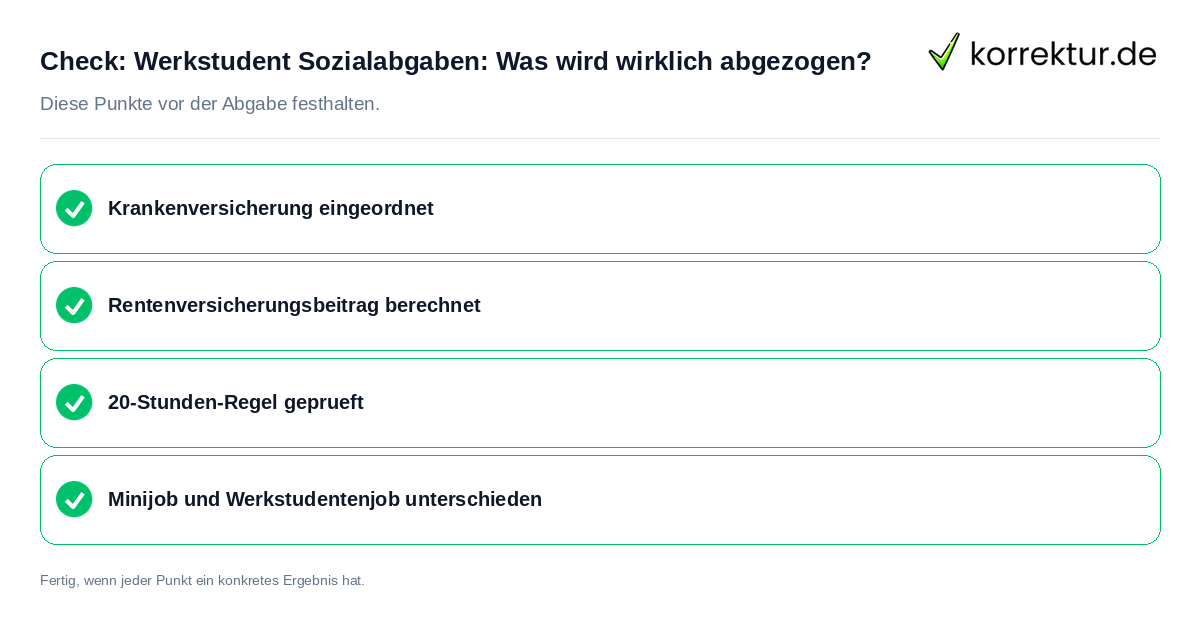 Check: Werkstudent Sozialabgaben: Was wird wirklich abgezogen? Werkstudent Sozialabgaben: Was wird wirklich abgezogen?: Prüfliste mit vier Punkten