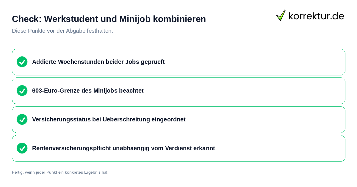 Check: Werkstudent und Minijob kombinieren Werkstudent und Minijob kombinieren: Prüfliste mit vier Punkten