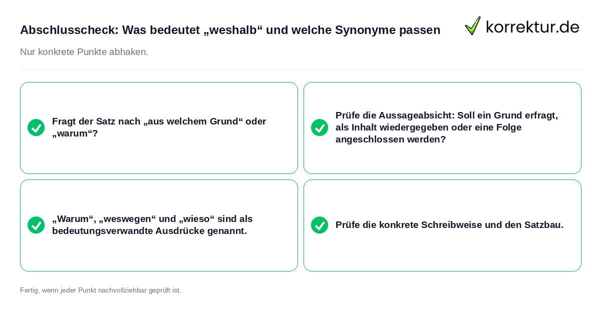 Konkreter Abschlusscheck zu Was bedeutet „weshalb“ und welche Synonyme passen