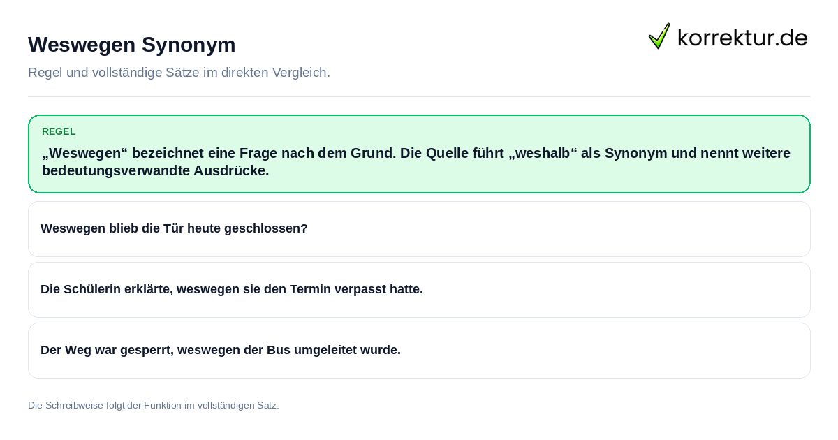 Konkrete Regel und vollständige Beispielsätze zu Weswegen Synonym