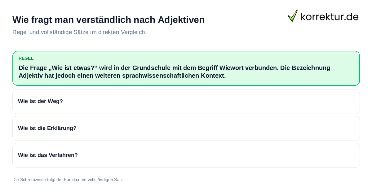 Konkrete Regel und vollständige Beispielsätze zu Wie fragt man verständlich nach Adjektiven