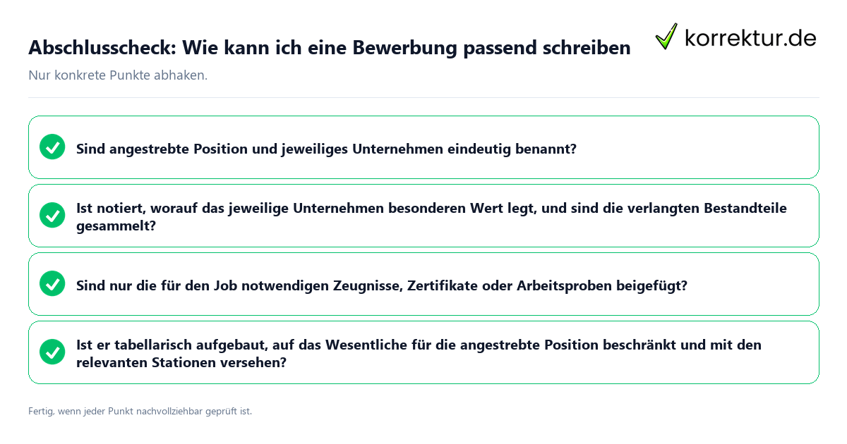 Abschlusscheck: Wie kann ich eine Bewerbung passend schreiben Konkreter Abschlusscheck zu Wie kann ich eine Bewerbung passend schreiben