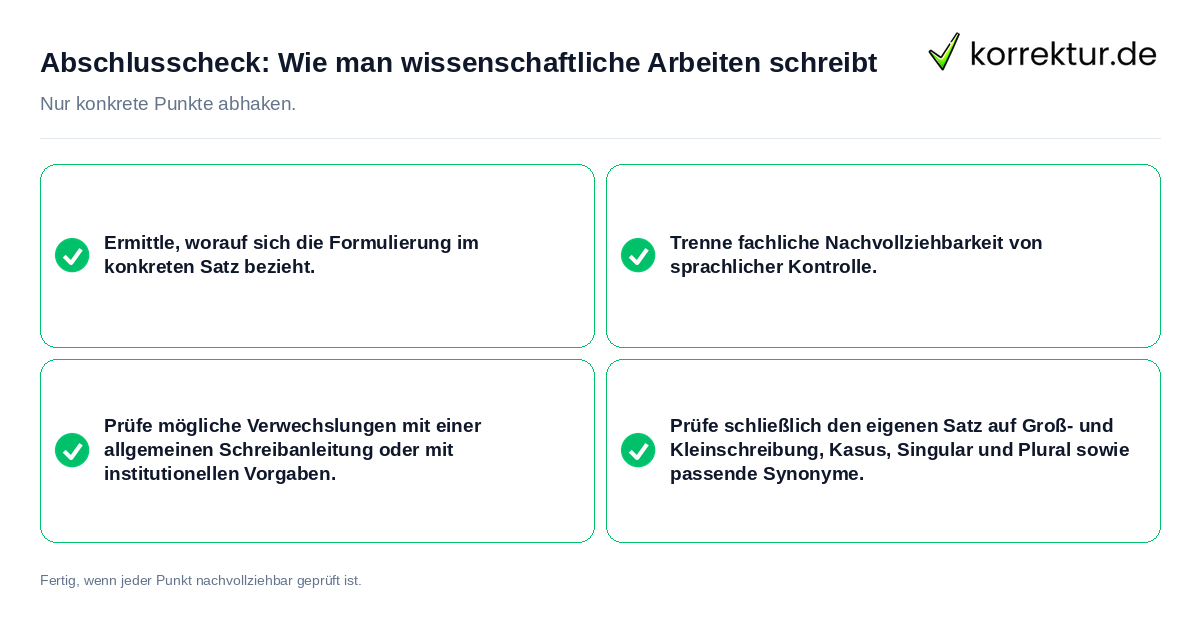 Konkreter Abschlusscheck zu Wie man wissenschaftliche Arbeiten schreibt