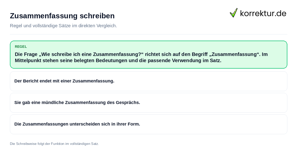 Zusammenfassung schreiben Konkrete Regel und vollständige Beispielsätze zu Zusammenfassung schreiben