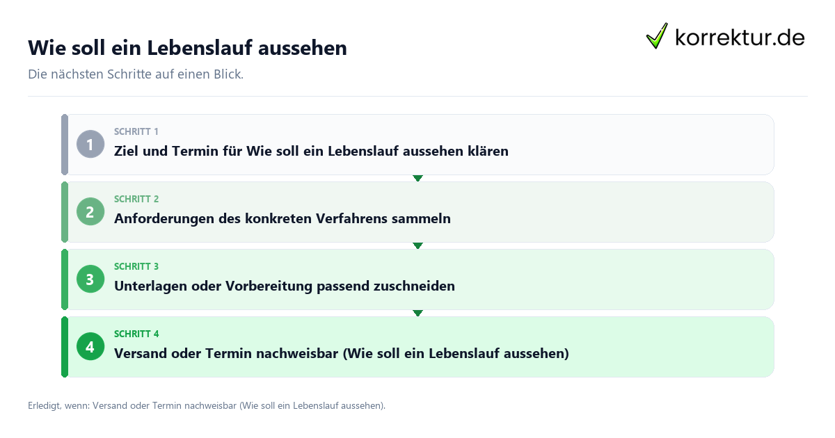 Wie soll ein Lebenslauf aussehen mit einem Ablauf aus Prüfung, Kontakt und Dokumentation