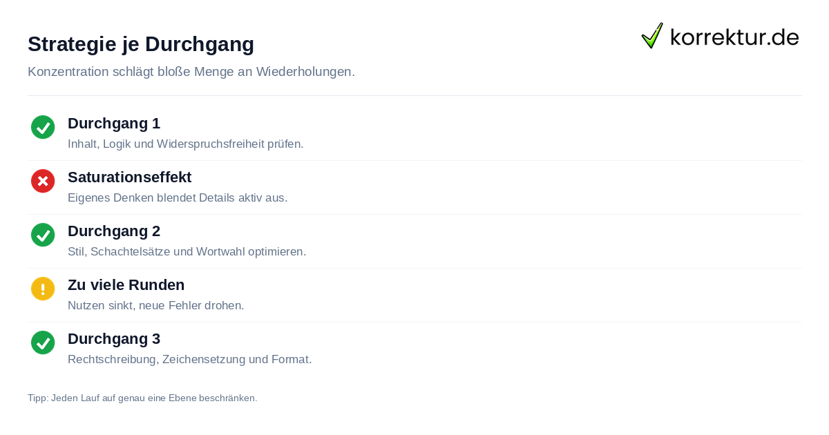 Strategie je Durchgang Checkliste für effektive Korrekturdurchgänge und Fehlerfokus